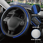 Leather Steering Wheel Cover – Black & Blue, Universal Fit 14.5-15 Inch, Microfiber Leather, Anti-Slip & Breathable Design for Men and Women