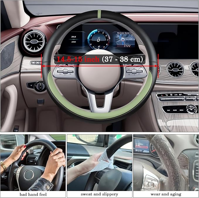 Black Avocado Green Car Steering Wheel Cover, Nappa Leather, Bottom Color Blocking, Universal 14.5-15 Inch Leather Anti-Slip Breathable Auto Steering Wheel Covers for Men Women