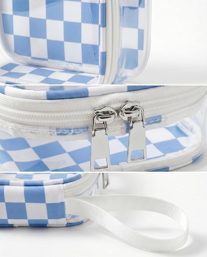 Preppy Clear Makeup Bag Travel Cosmetic Case Transparent Blue and Beige Checkered Mini Toiletry Bag,Portable Make Up Organizer Traveling Compact Car Accessories And Organization
