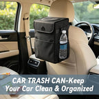 Car Trash Can with Lid, Leakproof Hanging Organizer for Car Back Seat | Waterproof Lining • Prevents Trash from Falling Out • Side Storage Pockets • Foldable Design • Fits Cars, SUVs & Trucks
