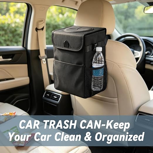 Car Trash Can with Lid, Leakproof Hanging Organizer for Car Back Seat | Waterproof Lining • Prevents Trash from Falling Out • Side Storage Pockets • Foldable Design • Fits Cars, SUVs & Trucks