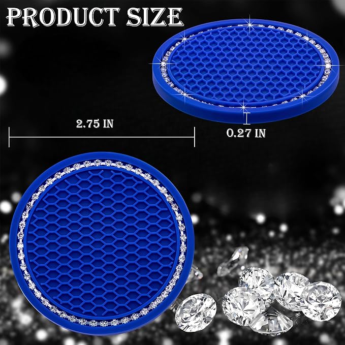 2PCS Bling Cup Holder Coaster, 2.75 Inch Auto Car Cup Holder Insert Coasters, Soft Silicone Anti-Slip Shockproof, Universal Vehicle Interior Accessories for Women Girls (Deep Blue & White)