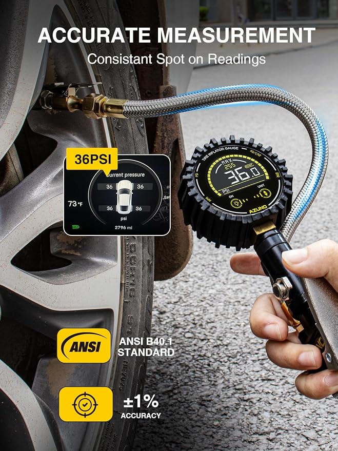 Digital Tire Inflator Gauge 255 PSI, Heavy Duty Tire Pressure Gauge with Air Chuck, Steel Braided Hose, Quick Connect Coupler & Case for Truck RV Trailer