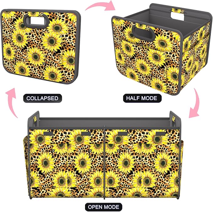 Car Trunk Organizer for SUV, 18.5Gal Large Capacity No-Sag Heavy Duty, Foldable Waterproof Anti-Slip Storage with 12 Pockets, Fit Sedan, Truck, Universal Car Accessories,Sunflower Leopard Print