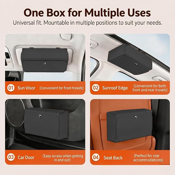 Magnetic Foldable Car Tissue Box - Easy-Install Tissue Holder for Sun Visors and Seat Backs,Premium Leather Car Napkin Organizer—Designed for Commuters,Rideshare Drivers and Families(Black)