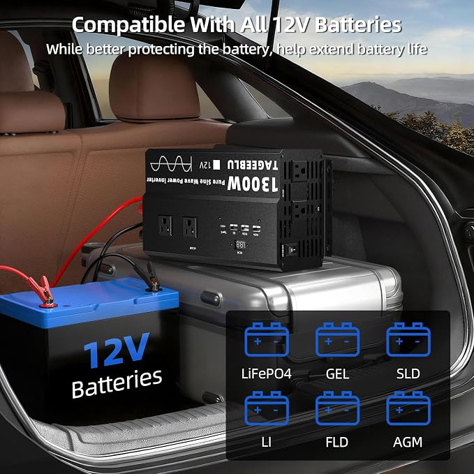 1300W Pure Sine Wave Power Inverter 12V DC to 110V 120V AC for Solar, Truck | Inverter for Car with 4 AC Outlets & 4 USB (30W QC & PD), LCD Display, 2600W Peak, Car Converter for RV Home Off-Grid Camping