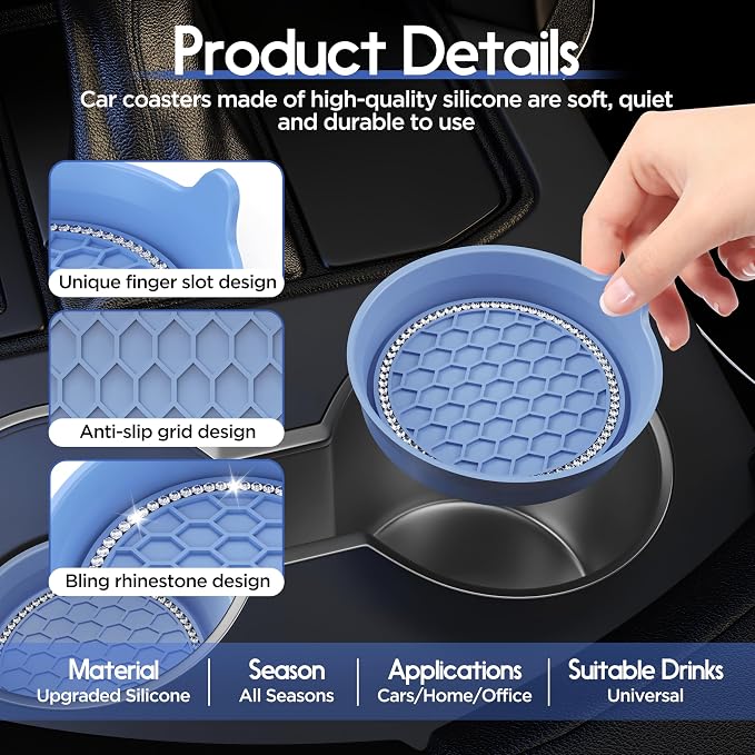 Car Cup Coaster Universal Non-Slip Cup Holders Bling Crystal Rhinestone Car Interior Accessories 2 Pack Gray Blue