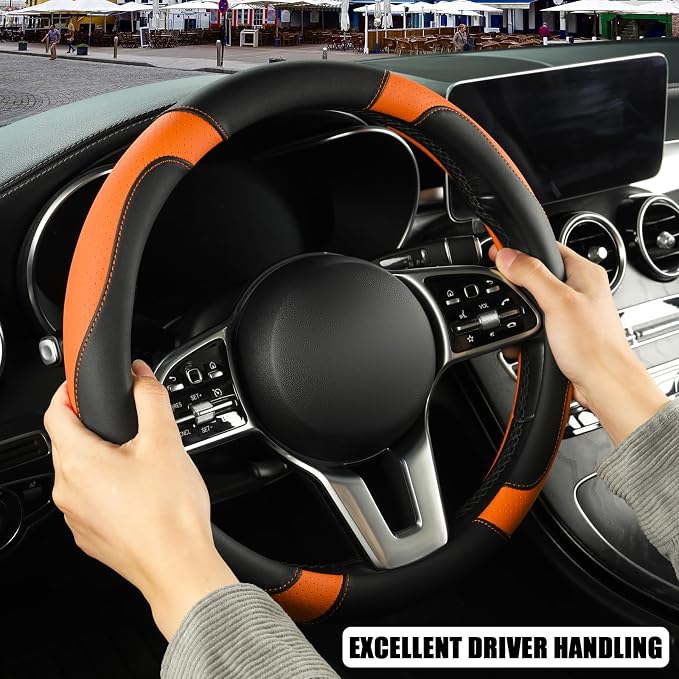 Black Orange Microfiber Leather Steering Wheel Cover 14 inch | Breathable Anti Slip Grip Cool Sporty Look Glow for Women Men