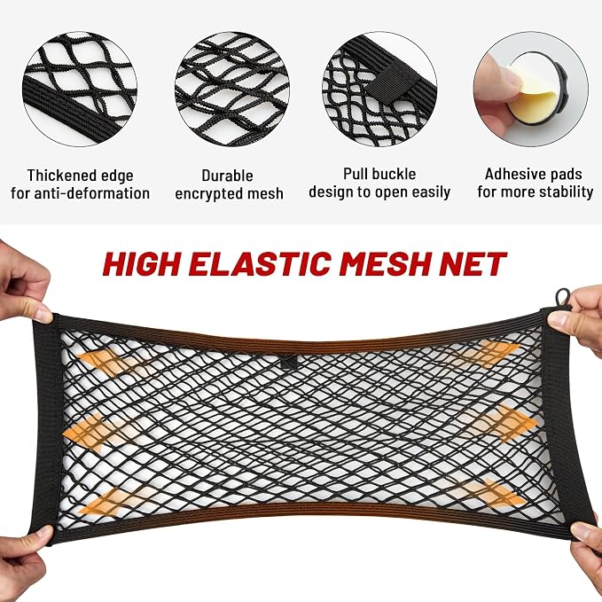 2 Pcs Universal Elastic Mesh Netting Car Pouch for Trunk RV Boats Home Cargo Storage with Screws and Hooks (23.6'' x 9.8'')