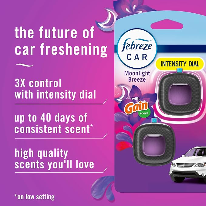Car Air Freshener Vent Clip Gain Moonlight Breeze Scent,.07 oz. Car Vent Clip, Pack of 3 and Stay-Fresh Storage Case