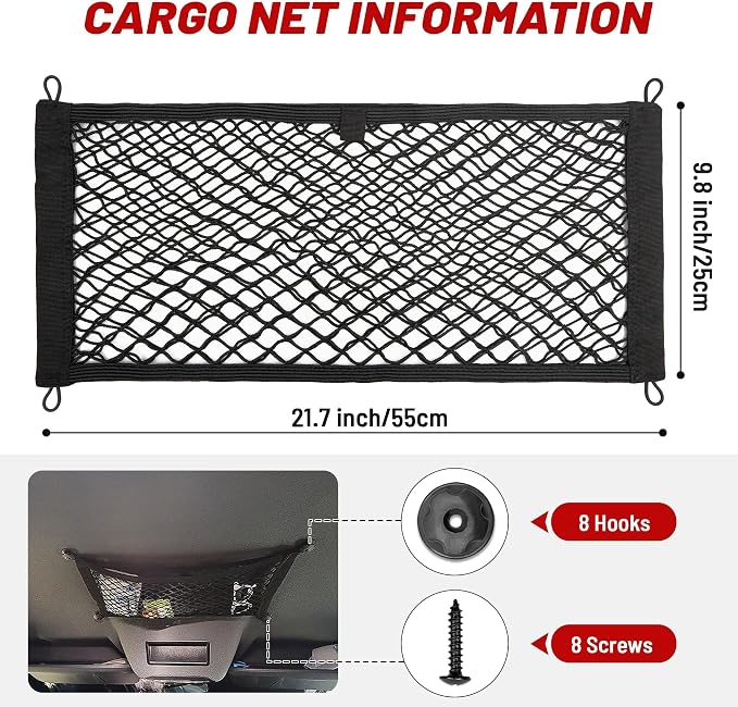 Universal Cargo Net Pocket Elastic Netting Car Mesh Pouch for Trunk RV Boats Home Cargo Storage with Screws and Hooks (21.7'' x 9.8'')