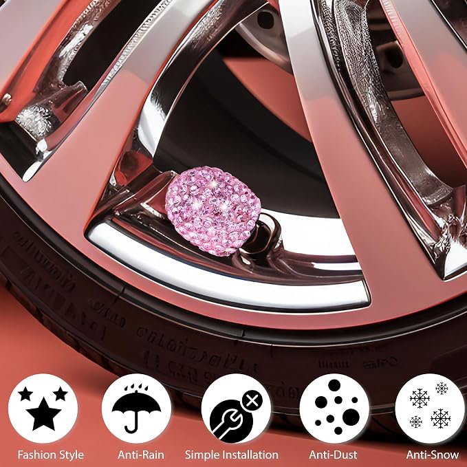 4PCS Bling Crystal Diamond Tire Stem Valve Caps, Dustproof Car Wheel Tire Valve Caps Universal Tire Valve Stem Covers for Cars, SUV, Trucks, Bikes, Motorcycles, Bicycles (Pink)