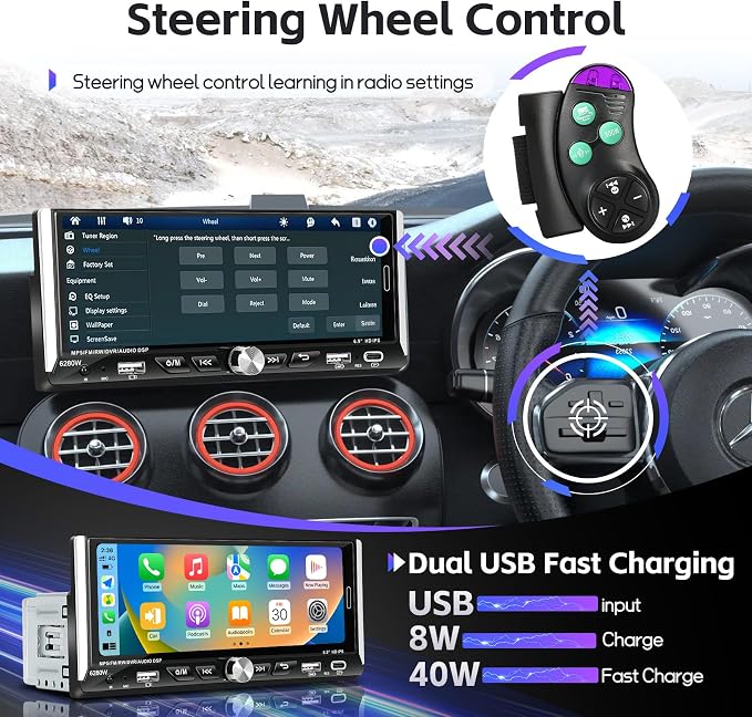 Single Din Radio Car Stereo with Wireless Apple Carplay & Android Auto, 6.9" UHD Touchscreen Car Stereo with Bluetooth, 1080P Backup Camera Mirror Link Navigation USB Type-C Fast Charging FM/AM EQ SWC