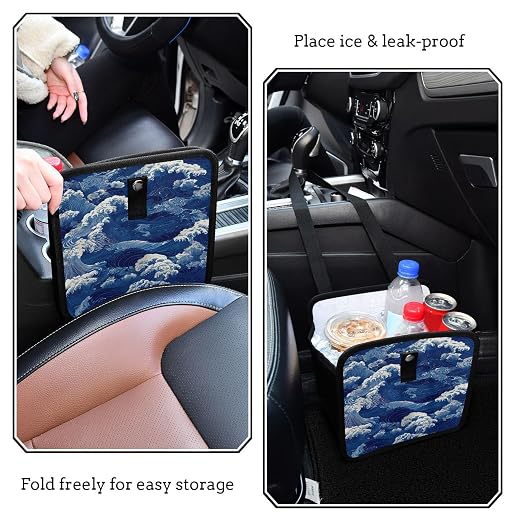 Car Trash Can Organizer Bin with Adjustable Strap for Back Front Seat Console Waterproof Leakproof Collapsible Portable 11 Inch Blue Ocean Waves