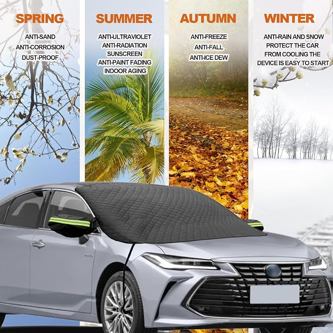 Car Windshield Snow Cover with Side Mirror and Hook, Winter Magnetic Windshield Sun Shade Foldable, Windshield Cover for Ice and Snow, Fit for Small Sedan, Compact SUV, (58"x47") Black