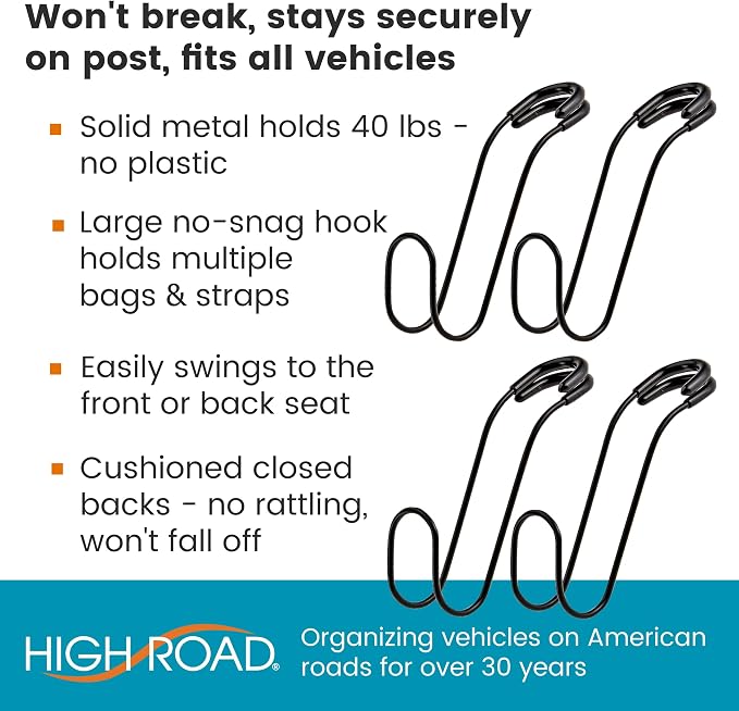 Metal Car Hooks for Purses and Bags - Unbreakable Headrest Car Hooks for Large Purse Straps and Heavy Bags up to 40 lbs - Secure Attachment Loops Fit All Headrest Posts (Single Hook 4-Pack)
