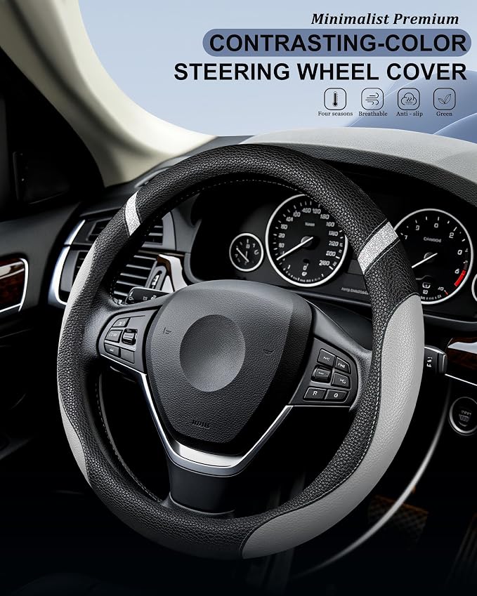 Steering Wheel Cover for Men Women Leather Universal Steering Wheel Covers for Car 15inch (Gray)