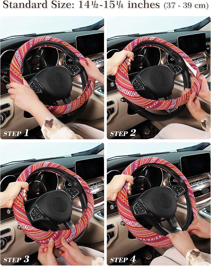 Boho Steering Wheel Cover with Baja Blanket Cloth, Ethnic Style Auto Wheel Cover Made of Coarse Flax, Fits 14 1/2-15 1/4 inches Car Wheel
