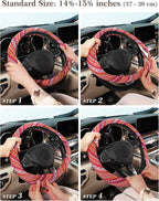 Boho Steering Wheel Cover with Baja Blanket Cloth, Ethnic Style Auto Wheel Cover Made of Coarse Flax, Fits 14 1/2-15 1/4 inches Car Wheel