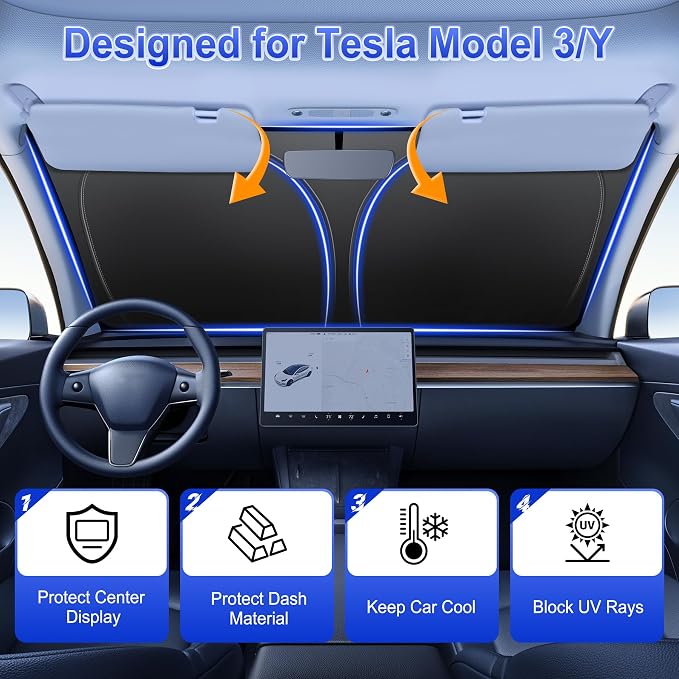 Car Windshield Sun Shade, Foldable Reflective Sun Shade for Car Windshield, Compatible with Tesla Model Y Model 3 2016~2025