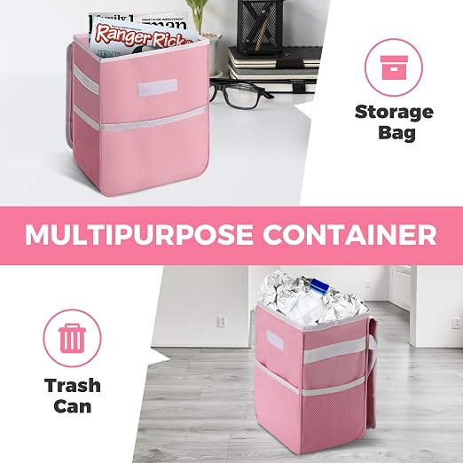 2 Gallon Car Trash Can Lid and Storage Pockets, Leak-Proof Collapsible and Portable Organizer, Multipurpose Garbage Bin with Adjustable Straps, Pink