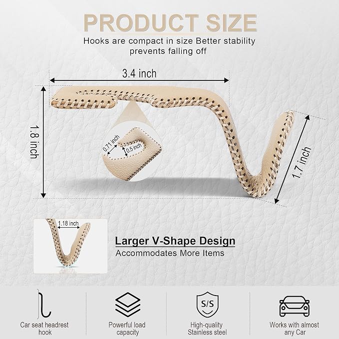 Beige Superior Leather Car Seat Back Headrest Hook, Auto Seat Hook Hangers Interior Accessories for Purse Coats Umbrellas Grocery Bags Handbag, 2-Pack
