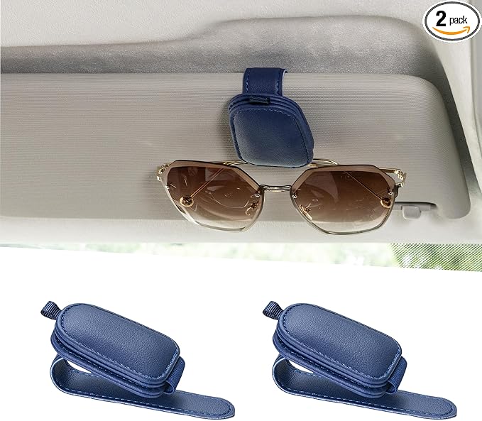 Magnetic Leather Sunglasses Holder for Car, 2 Packs (Blue) | Magnetic Car Visor Accessories