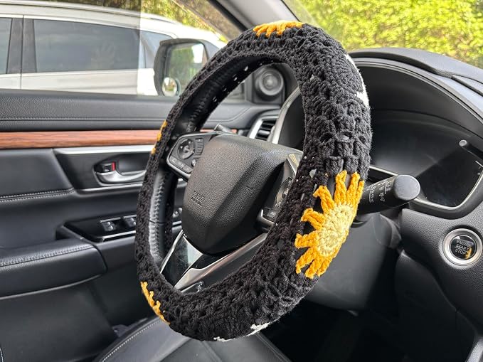 Handmade Crochet Sun Moon Car Steering Wheel Covers Universal 14-15 inch,Cute Steering Wheel Cover,Car Accessories (Black Steering Wheel Cover)