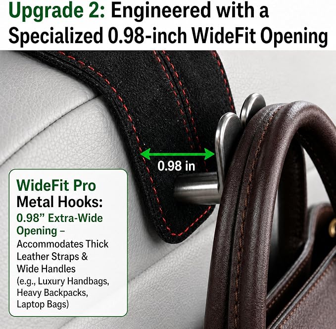 2Pcs Wide Car Headrest Hooks for Purses and Bags, 2026 Upgraded 0.98” Wide Opening for Thick Bag Handles, Premium Leather Car Seat Hanger with Dual Metal Hooks, WideFit Brown