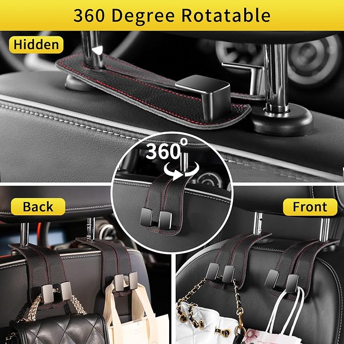 Car Purse Hook, Genuine Leather Car Seat Back Storage Hook, Purse Hook for Car Headrest, Twin Hook Leather Car Headrest Hangers, Bag Hook for Car, Trucks, SUVs, Most Vehicles (Black-2 PCS)