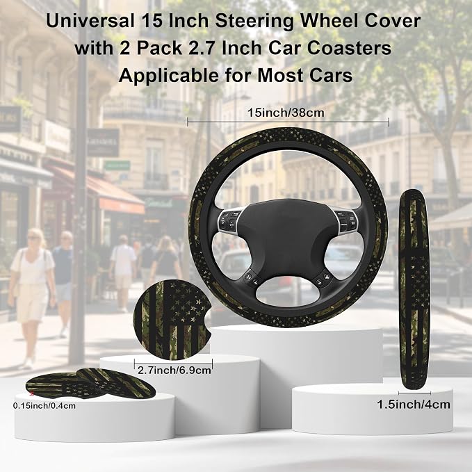 Vintage Camo American Flag Steering Wheel Cover for Men Women,Camouflage Universal 15 Inch Non-Slip Breathable Neoprene Steering Wheel Cover Fit Auto, SUVs,Includes 2 Pieces Cup Coasters