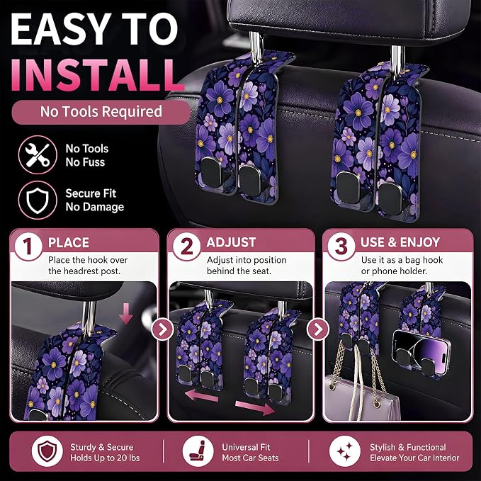 Car Seat Back Storage Hook, Funny Car Purse Hook, Cute Vehicle Storage Organizer for Purses Handbags Purple Flower Pattern