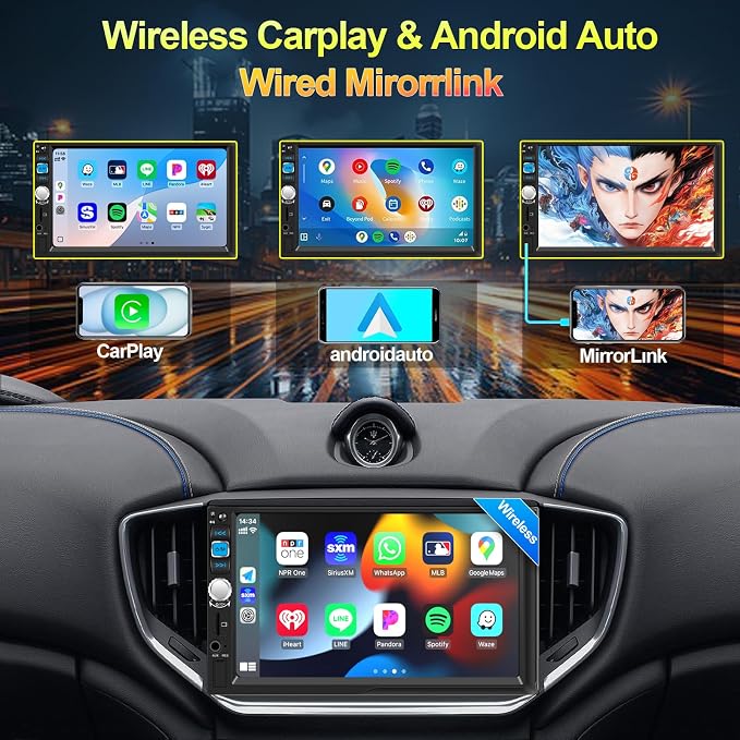 Double Din Car Stereo with 7" IPS Touchscreen, Wireless Apple Carplay & Android Auto, Bluetooth, 180W, Backup Camera, Subwoofer Output, Mirror Link, MIC, Car Radio Receiver