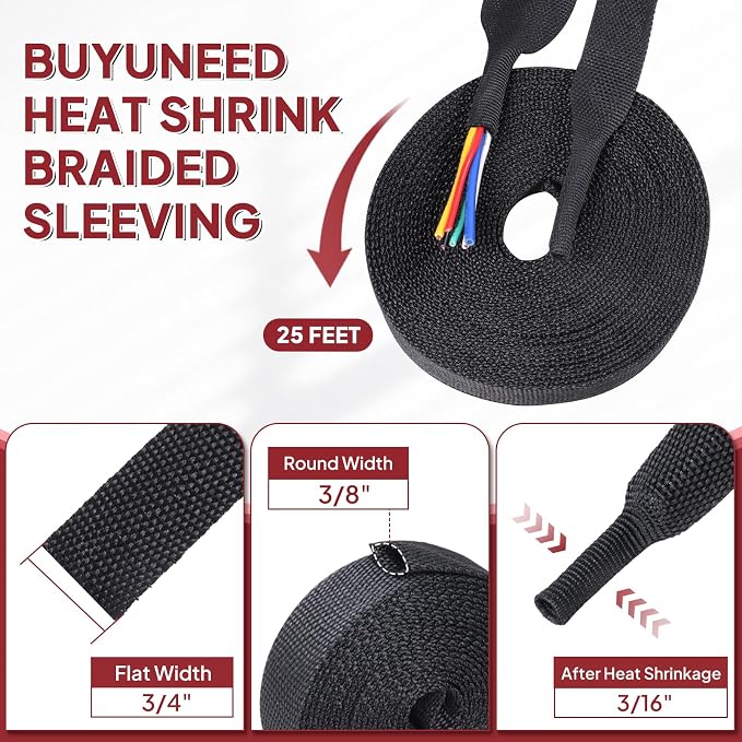 Heat Shrink Braided Sleeving, 2:1 Ratio Shrinkable Fabric Tubing Sleeve Abrasion Protection Cable Wire Sheath (3/8"-25ft)
