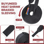Heat Shrink Braided Sleeving, 2:1 Ratio Shrinkable Fabric Tubing Sleeve Abrasion Protection Cable Wire Sheath (3/8"-25ft)