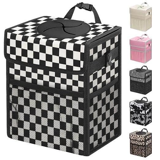 Car Trash Can with Lid, Leakproof Car Trash Bag Hanging Waterproof Automotive Garbage Can with Storage Pockets Mini Vehicle Trash Bin for Back/Front Seat(Black Square Grid,2.5 Gallon)