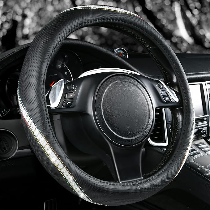 Bling Diamond Black Leather Steering Wheel Cover, Studded Crystal Rhinestones Universal Fit 14" 1/2-15" Glitter for Women Sparkle Girl Fit Suvs,Vans,Sedans,Car,Trucks, Multicolor Diamond