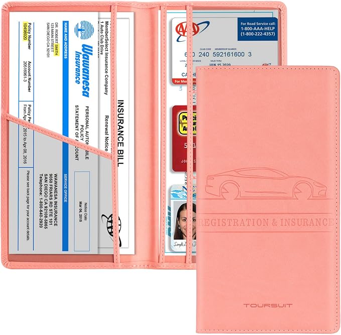 Car Registration and Insurance Card Holder, Vehicle License Document Glove Box Compartment Organizer, Interior Car Accessories for Women Men (Pink)