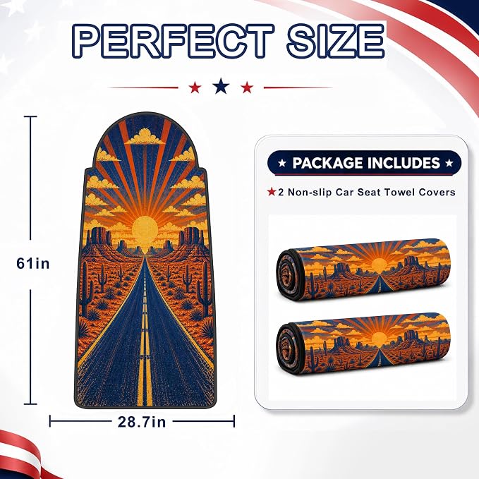 Car Seat Towel Cover 2 Pack for Front Seats, Sweat Absorbent Car Seat Protector with Non-Slip Backing, Waterproof Towel Car Seat Covers for Runners, Gym, Swimming, Beach, Desert Road Sunset