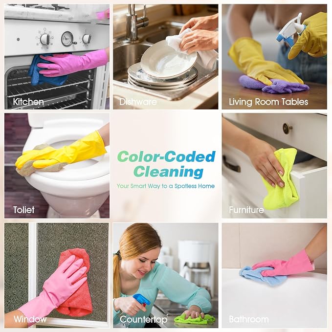Microfiber Cleaning Cloth, 24 Pack Absorbent Cleaning Rags with 8 Color Assorted,Lint-Free Cleaning Towels for Car Kitchen House, 12"X11" (Multi-Color)