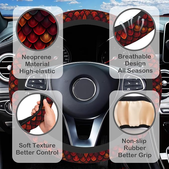 Red Dragon Scales Steering Wheel Cover for Women, Anti-Slip Car Steering Wheel Cover with 2 Pcs Cup Holders Neoprene Breathable Car Accessories Universal 15 Inch Auto Interior Decor