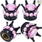 4PCS Crown Bling Tire Stem Valve Caps, Crystal Diamond Car Wheel Tire Valve Caps Universal Copper Core Stem Covers for Cars, SUV, Trucks, Bikes, Motorcycles, Bicycles (Black & Pink)