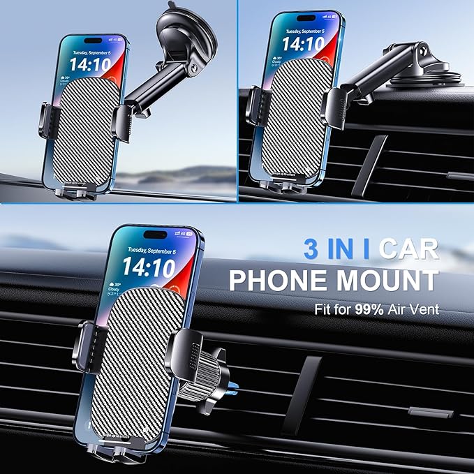 Phone Mount for Car Phone Holder [Military-Grade Suction & Stable Clip] Car Phone Holder Mount Windshield Dashboard Air Vent Universal Automobile Mount Fit Shower & Wall Mounts iPhone