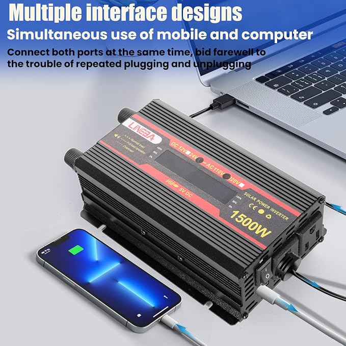 1500 Watt Power Inverter with LED Display,Dual AC Outlets,USB Port, 24V DC to 110V AC Converter Car Power Inverter for Vehicles, Car, RV, Truck, Off Grid Solar System, Outdoor Camping