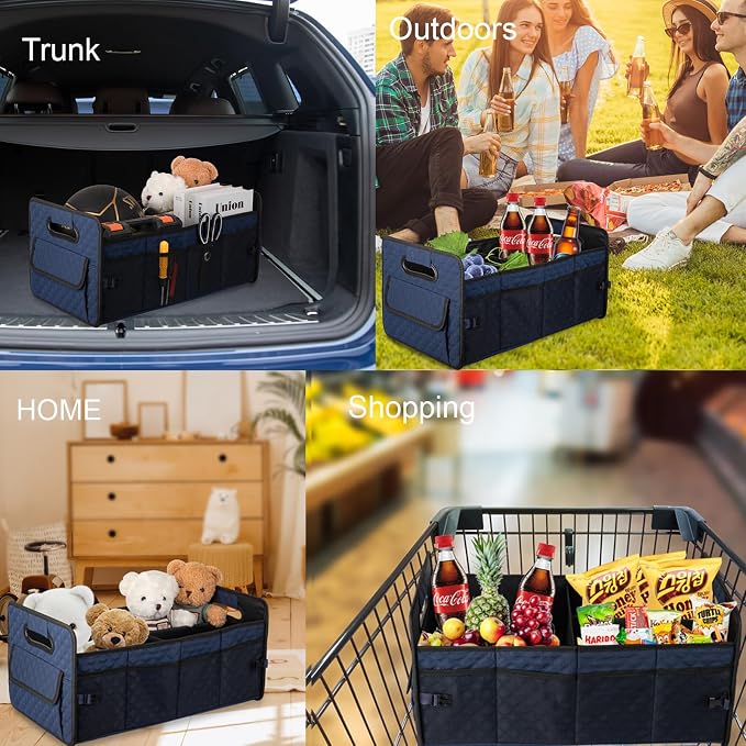 Car Trunk Organizer for SUV, Car Storage Organizer Collapsible Multi Compartment Container Box, Adjustable Car Accessories for Women/Men, Dark Blue