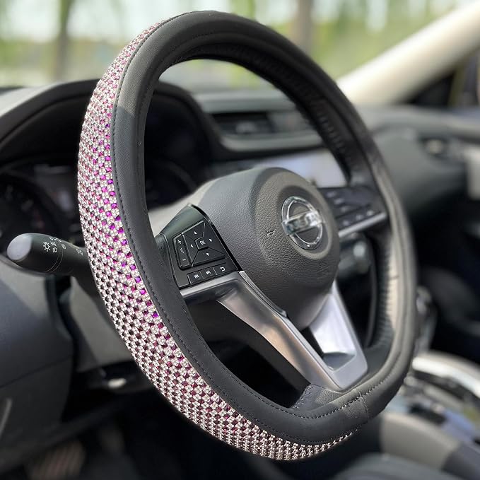D Shaped Bling Comfy Steering Wheel Cover with Jumbo Crystal Rhinestones, Anti-Slip Diamond Leather, Flat Bottom 14.5-15 Inch (Purple)