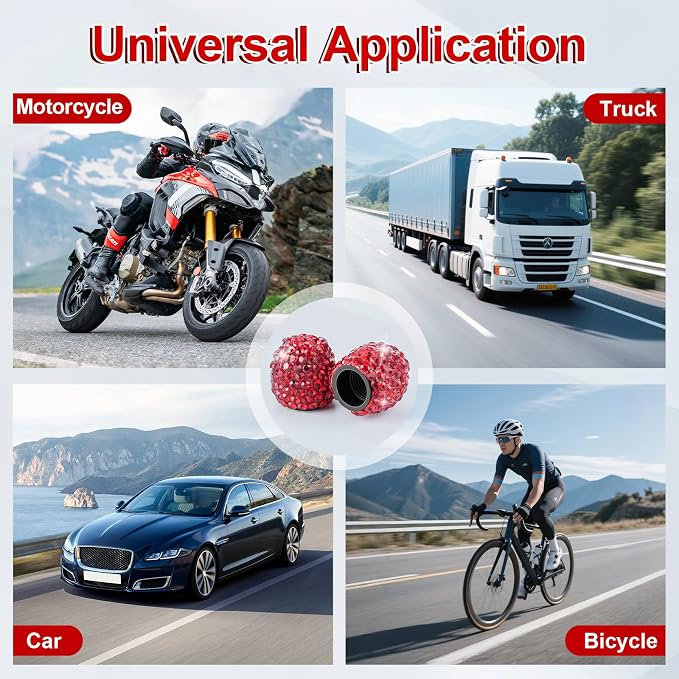 4 Pack Handmade Crystal Rhinestone Car Tire Valve Stem Caps, Universal Fit for Cars, Trucks, Motorbikes - Red