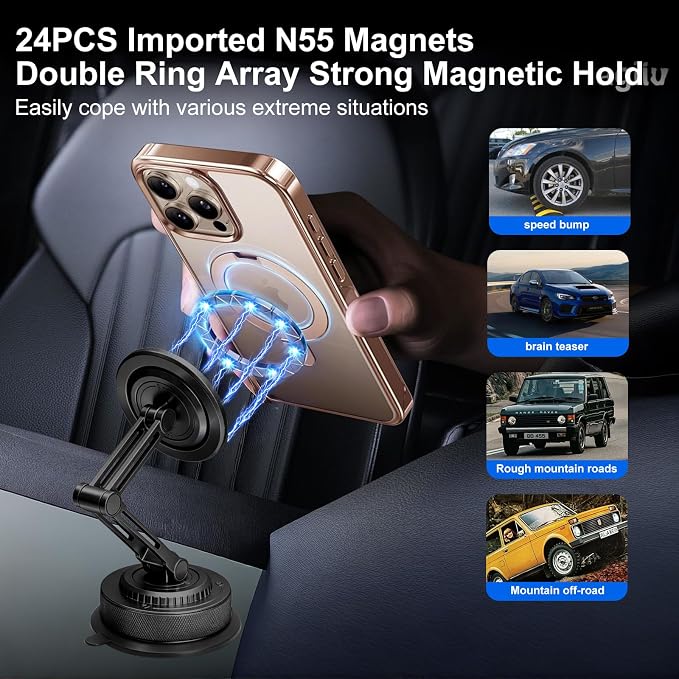 PIEPIE All-Metal Alloy Long Arm Magnetic Suction Cup Car Phone Mount(Black) | Strong Powerful Magnetic Heavy-Duty Windshield Dash 360° Mechanical Rotation Cell Mobile Phone Vehicle Bracket for All Cars