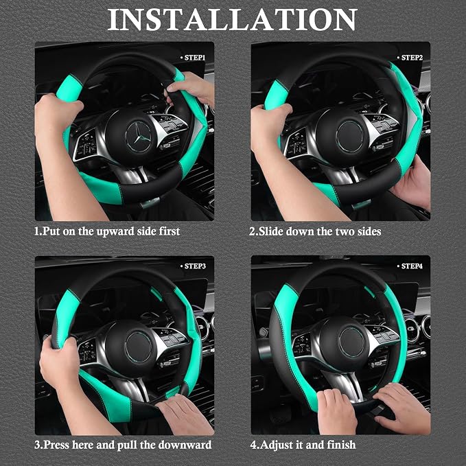 Faux Leather Steering Wheel Cover and Waterproof Car Floor Mats,Universal Car Combo Fit for 95% Sedan,SUV,Cars,14.5-15inch Sporty Anti-Slip Safety Comfortable Design(Black＆Mint)