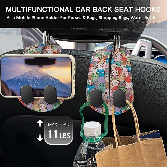 2PCS Car Seat Back Storage Headrest Hooks, Cute Cats Purse Holder Bags Hanger, PU Leather Double Metal Hook for Backseat Organizer, Women Car Accessories Organization